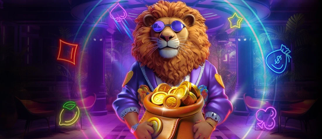 Lion couronné avec des pièces d'or, mascotte de PlayRegal